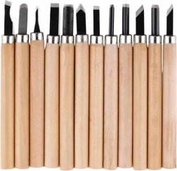 Set de 12 dălți și cuțite de gravat pentru lemn cu mâner din lemn