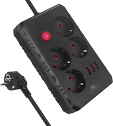 Prelungitor cu protecție la supratensiune MACLEAN MCE393, 4 prize și 3× USB, 3 m, negru