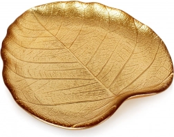 Farfurie de servire din sticlă în formă de frunză, aurie, 18 × 16 cm