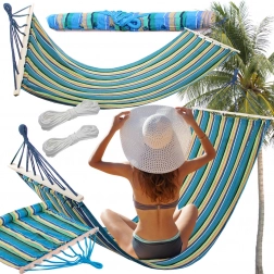 Hamac de grădină cu bară de lemn 200 × 80 cm, în dungi, sarcină maximă 150 kg