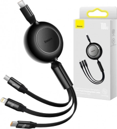 Baseus Bright Mirror 4 cablu retractabil 3‑în‑1 USB‑C / Lightning / Micro USB 100 W, 1,1 m, negru