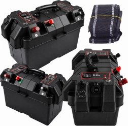 Cutie portabilă pentru acumulator de 12 V cu voltmetru și 2× USB