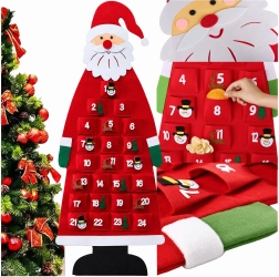 Calendar de Advent din fetru, suspendat, cu Moș Crăciun și 24 de buzunare, 115 cm