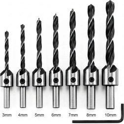 Set de burghie cu freză de îngropare pentru lemn, 3–10 mm