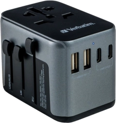 adaptor de călătorie universal verbatim uta-03 cu pd 30 w și qc 3.0, 3× usb-c și 2× usb-a