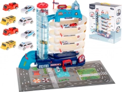 Parcare pe mai multe niveluri pentru mașinuțe cu lift electric, 5 etaje + covoraș de joacă și 8 mașini