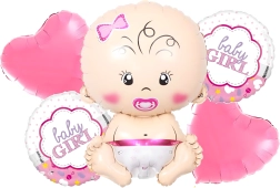 Baloane pentru baby shower fetiță – set de 5 bucăți cu steluțe și motiv bebeluș