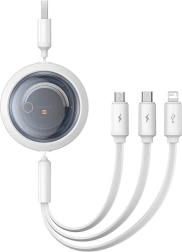 Cablu de încărcare retractabil 3‑în‑1 BASEUS Free2Draw USB‑A la USB‑C, Lightning și micro USB, 3,5 A, 1,1 m alb