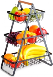 Coș metalic pentru fructe cu trei niveluri, cu mâner din lemn, negru