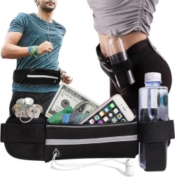 Borsetă de alergare cu suport pentru sticlă, bandă reflectorizantă și orificiu pentru căști – neagră