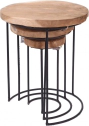 Mese de cafea rotunde din metal cu blat din tec – set de 3 piese