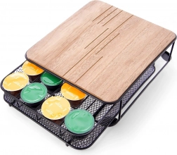 Organizator pentru capsule de cafea, metalic negru cu blat din lemn