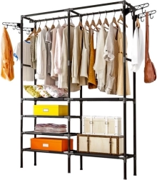 Stativ dublu pentru haine RUHHY, stil loft, cu rafturi