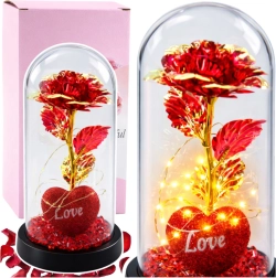 Trandafir etern din cristal sub cupolă cu iluminare LED – Roșu cu inimioară