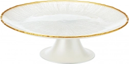 Suport pentru tort din sticlă pe picior, alb cu margine aurie, 21 cm