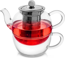 Ceainic din sticlă cu cană și sită din inox 300 + 350 ml, set din 2 piese