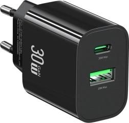 Încărcător de rețea 30 W cu USB‑C și USB‑A, încărcare rapidă, negru USAMS
