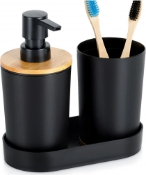 set de baie negru, 3 piese, cu dozator și elemente din bambus