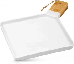 Farfurie de servire din porțelan cu mâner din bambus TERRESTRIAL 44,5 × 35 cm