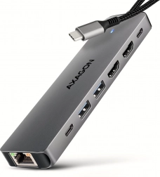 AXAGON HMC-7HX2 hub USB‑C multiport 7‑în‑1 cu 2× HDMI 4K/60 Hz, 2× USB‑A, USB‑C, GLAN și PD 100 W