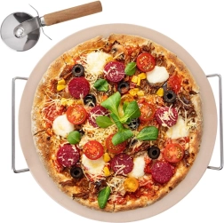 Piatră de șamot pentru pizza cu suport și tăietor, set 3 piese