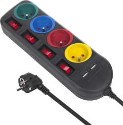 Prelungitor cu comutatoare 4 prize + 2xUSB negru