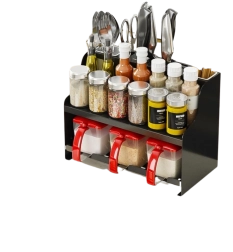 Organizator de condimente multifuncțional pe două niveluri cu compartimente pentru accesorii de bucătărie – negru