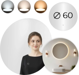 Oglindă LED rotundă pentru baie 60 cm cu întrerupător tactil și 3 culori ale luminii MODERNHOME