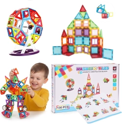 Set de construcție magnetic cu mașinuțe și remorcă – 130 piese