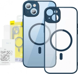 Carcasă magnetică transparentă și sticlă călită Baseus pentru iPhone 14 Plus albastră