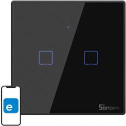 Întrerupător tactil inteligent SONOFF T3 EU, Wi‑Fi + RF 433, 2 canale, negru