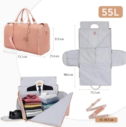Geantă de voiaj pliabilă 2 în 1 cu husă pentru costum/rochii, 55 l, rezistentă la apă