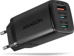 Încărcător de rețea AXAGON GaN 65W, 3 porturi (USB-A + 2× USB-C), PD 3.0/QC 4+, PPS, negru