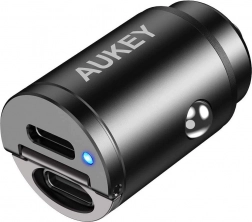 Încărcător auto mini din aluminiu AUKEY 2× USB‑C cu Power Delivery și Quick Charge 3.0, 30 W, PPS