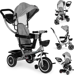 Tricicletă pentru copii 2 în 1 tip cărucior, scaun rotativ și copertină pliabilă, gri ECOTOYS