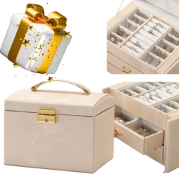 Cutie de bijuterii pe mai multe niveluri cu mâner – feronerie aurie, bej