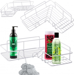 Etajeră de duș pentru colț cu cârlige, autoadezivă, albă