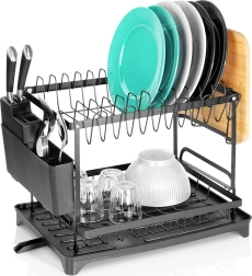 Suport metalic de scurgere pentru vase, negru, pe două niveluri, 42 × 29 × 36,5 cm