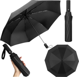 Umbrelă pliabilă automată, 12 spițe, neagră, cu husă, 105 cm
