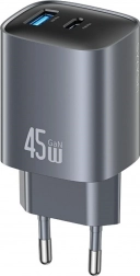 Încărcător de rețea GaN 45 W cu USB‑C și USB‑A, argintiu