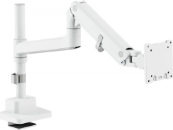 Braț de monitor pe gaz, alb, cu clemă de birou, 57" / 27 kg, VESA 75x75 și 100x100