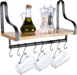 Etajeră de perete cu bară și cârlige din lemn 43 × 18 × 26 cm