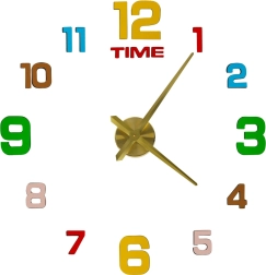 Ceas de perete autocolant DIY 80–90 cm, ace aurii, cifre colorate
