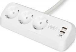 Prelungitor de birou cu clemă și protecție la supratensiune, 3 prize Schuko, 2× USB‑A 12 W, 1× USB‑C 30 W, cablu 1,5 m, alb