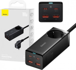 Baseus GaN3 Pro priză prelungitoare și încărcător 100 W, 2× USB‑C + 2× USB + AC (negru)