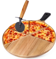 Placă de pizza din lemn cu tăietor, 30 cm, set reversibil din 2 piese