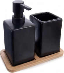 Set de baie din dolomit, 3 piese, negru, cu tăviță din bambus Vilde