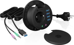 Hub de birou încastrat ICY BOX 80 mm cu 4× USB 3.0, audio și priză 230 V