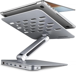 Axagon HMC-STND hub USB-C din aluminiu 7‑în‑1 cu suport pentru laptopuri 10–16", HDMI 4K/60 Hz, 3x USB-A, GLAN, PD 100 W, cablu 60 cm