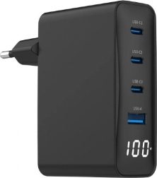 Încărcător GaN Universal 100W 1xUSB-A 3xUSB-C Încărcare Rapidă LCD Negru